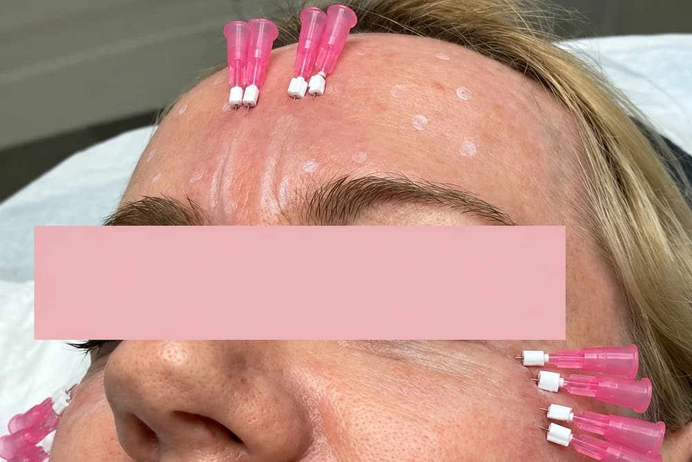 Fios lisos de PDO na região palpebral inferior (pálpebras inferiores) e na região glabelar (entre as sobrancelhas). A proposta é estimular o colágeno para melhorar a firmeza da pele e suavizar linhas que permanecem marcadas. A avaliação considera tanto a qualidade da pele quanto os movimentos da musculatura para definir o tratamento.